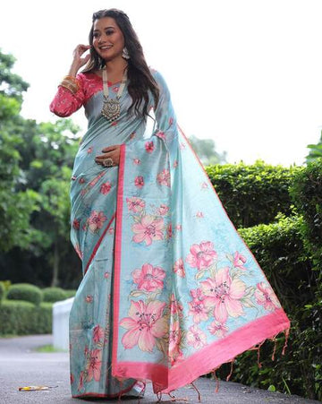 Sky Blue Pure Soft Tussar Silk Saree