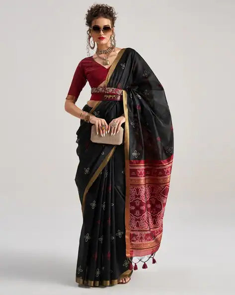 Black Pure Soft Art Silk Handloom Bandhej Print Saree 