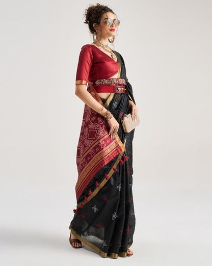 Black Pure Soft Art Silk Handloom Bandhej Print Saree 