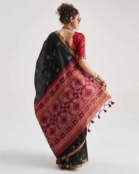 Black Pure Soft Art Silk Handloom Bandhej Print Saree 