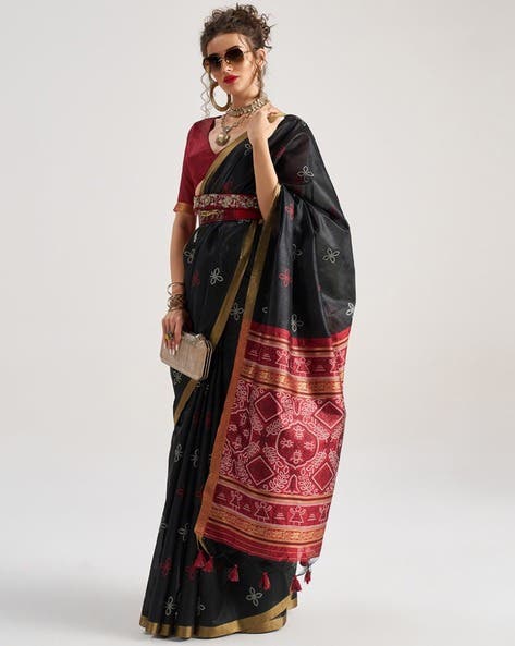 Black Pure Soft Art Silk Handloom Bandhej Print Saree 