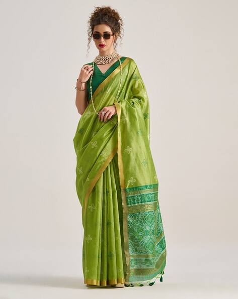 Green Pure Soft Art Silk Handloom Bandhej Print Saree 