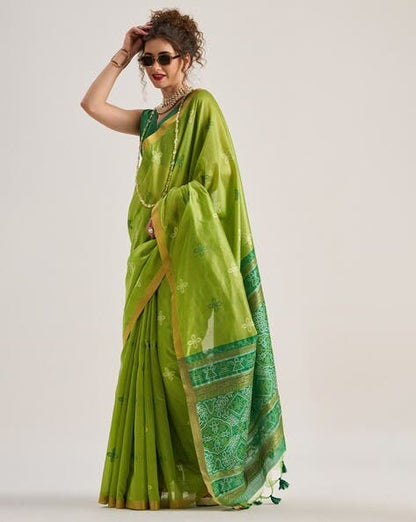Green Pure Soft Art Silk Handloom Bandhej Print Saree 