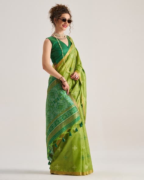 Green Pure Soft Art Silk Handloom Bandhej Print Saree 