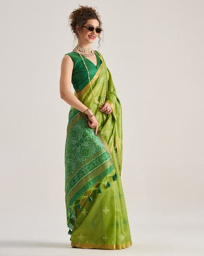Green Pure Soft Art Silk Handloom Bandhej Print Saree 