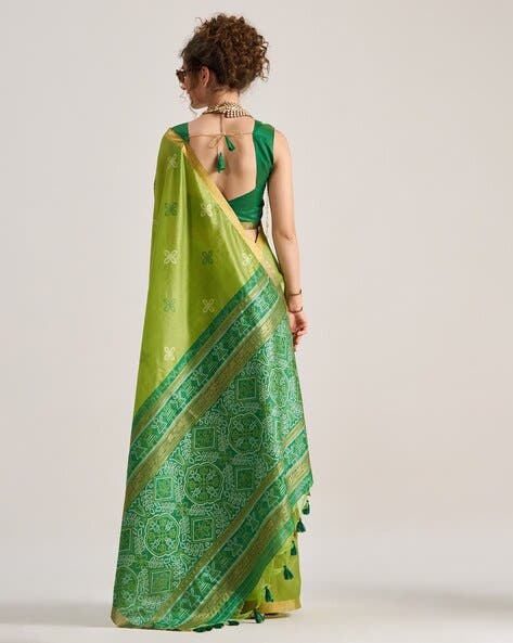 Green Pure Soft Art Silk Handloom Bandhej Print Saree 