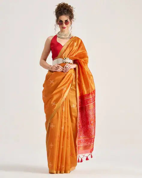 Orange Pure Soft Art Silk Handloom Bandhej Print Saree