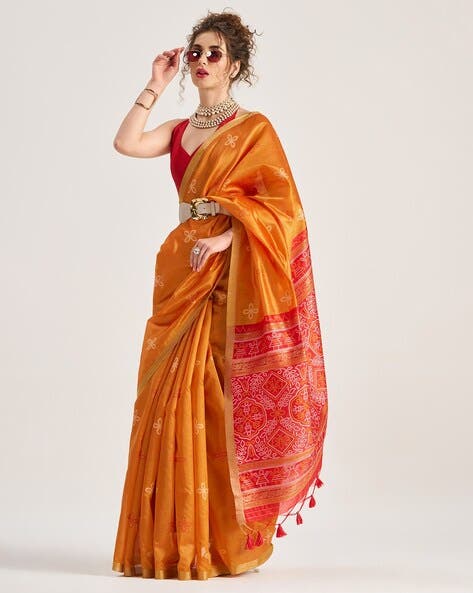 Orange Pure Soft Art Silk Handloom Bandhej Print Saree