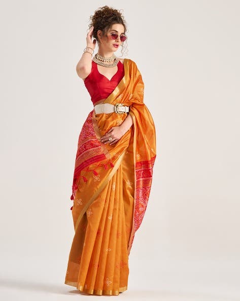 Orange Pure Soft Art Silk Handloom Bandhej Print Saree 