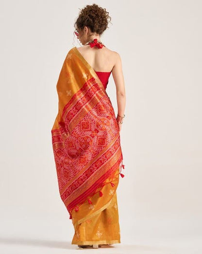 Orange Pure Soft Art Silk Handloom Bandhej Print Saree 