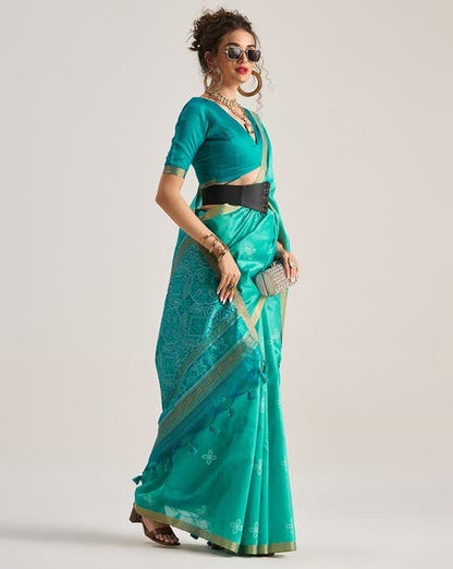 Green Pure Soft Art Silk Handloom Bandhej Print Saree 
