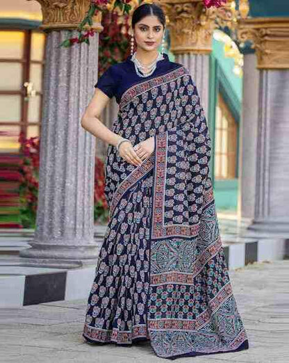Navy Blue Pure Soft Bhagalpuri Cotton Handloom Saree 