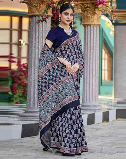 Navy Blue Pure Soft Bhagalpuri Cotton Handloom Saree 
