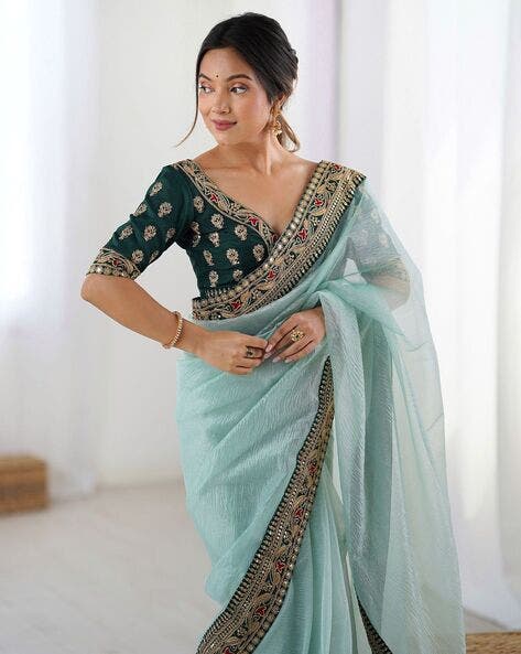 Sea Green Pure Soft Crush Banarasi Silk Saree ##color## Ready to Wear Saree with premium fabric and embroidery