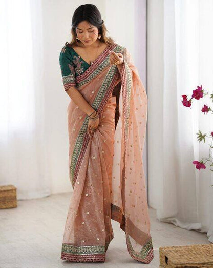 Peach Pure Soft Crush Banarasi Silk Saree 