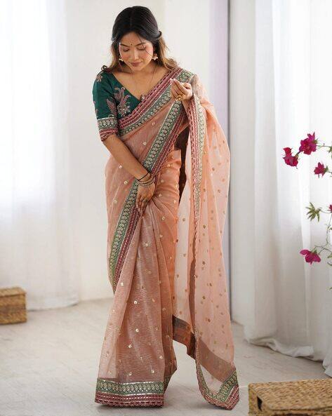 Peach Pure Soft Crush Banarasi Silk Saree ##color## Ready to Wear Saree with premium fabric and embroidery