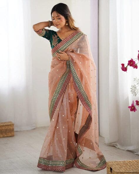 Peach Pure Soft Crush Banarasi Silk Saree 