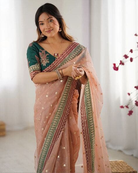 Peach Pure Soft Crush Banarasi Silk Saree ##color## Ready to Wear Saree with premium fabric and embroidery