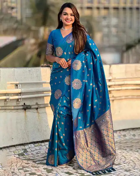Aqua Pure Soft Munga Silk Handloom Weaving Saree 