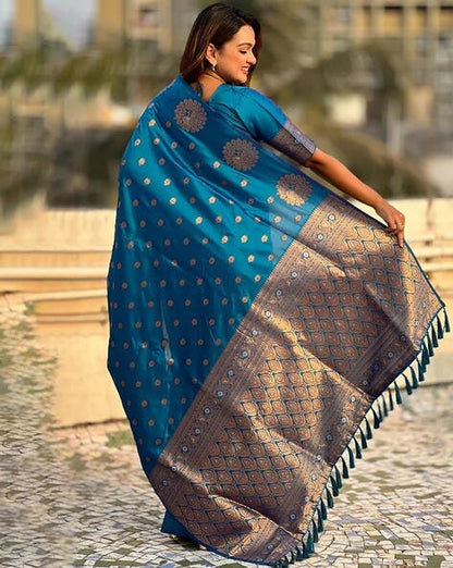Aqua Pure Soft Munga Silk Handloom Weaving Saree 
