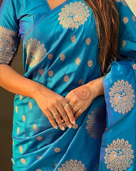 Aqua Pure Soft Munga Silk Handloom Weaving Saree 
