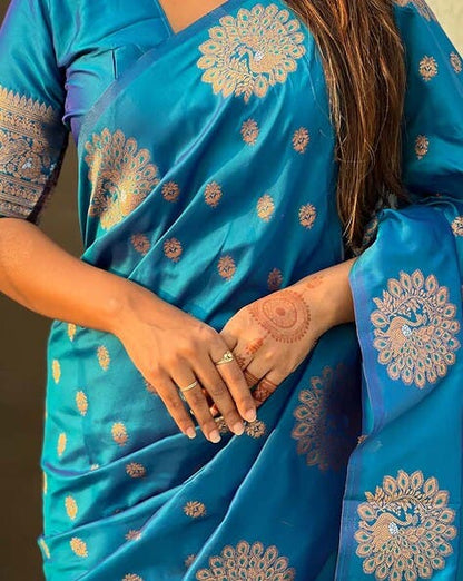 Aqua Pure Soft Munga Silk Handloom Weaving Saree 