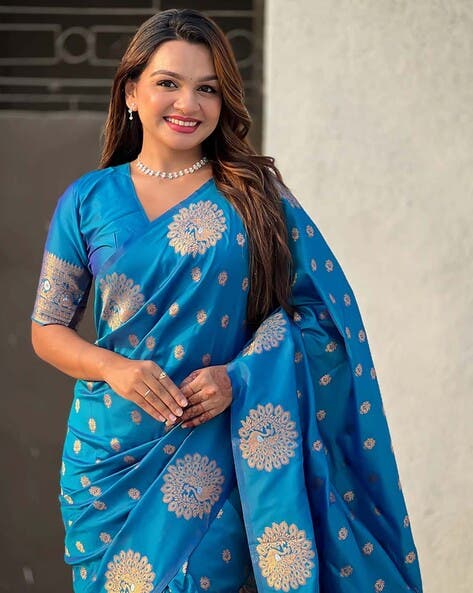 Aqua Pure Soft Munga Silk Handloom Weaving Saree 