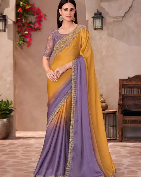Gold &amp; Orange Pure Georgette Chiffon With Embroidery Sequins Saree 