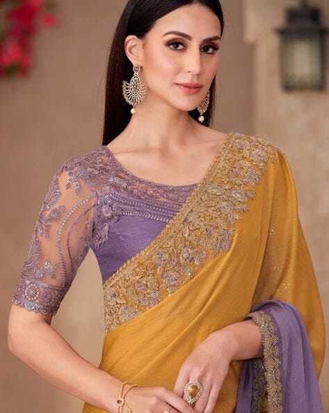 Gold &amp; Orange Pure Georgette Chiffon With Embroidery Sequins Saree 