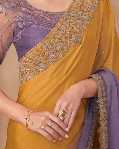 Gold &amp; Orange Pure Georgette Chiffon With Embroidery Sequins Saree 