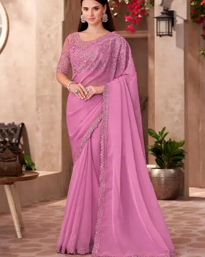 Pink Pure Georgette Chiffon With Embroidery Sequins Saree 