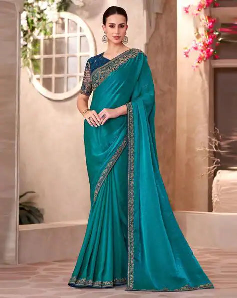 Peacock Blue Pure Georgette Chiffon With Embroidery Sequins Saree 