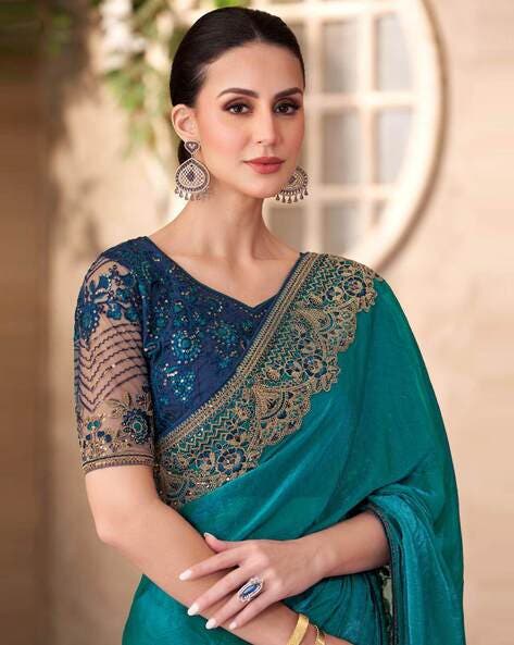 Peacock Blue Pure Georgette Chiffon With Embroidery Sequins Saree ##color## Georgette Saree with premium fabric and embroidery
