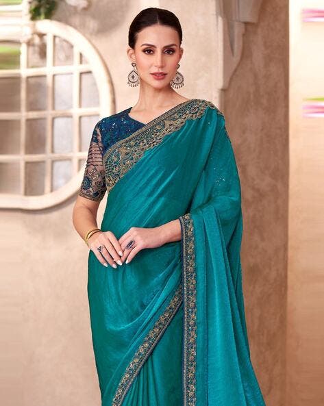 Peacock Blue Pure Georgette Chiffon With Embroidery Sequins Saree ##color## Georgette Saree with premium fabric and embroidery