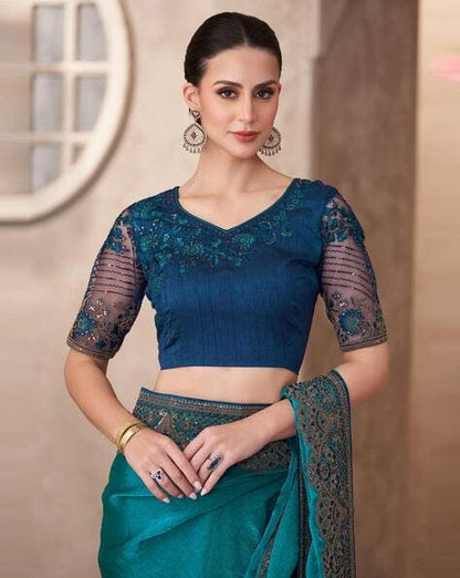 Peacock Blue Pure Georgette Chiffon With Embroidery Sequins Saree 