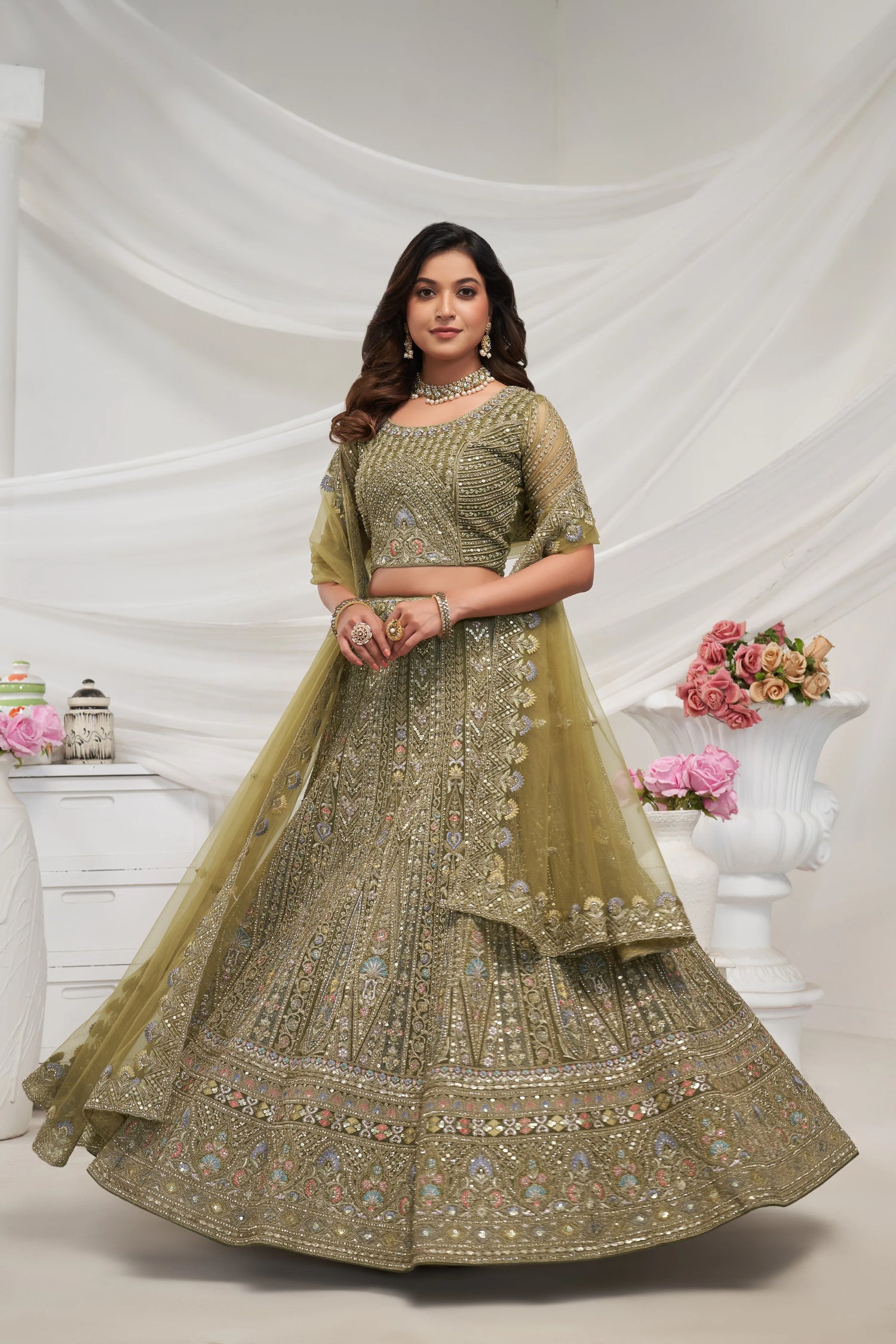 Green Paisley Patterned Lehenga Ensemble