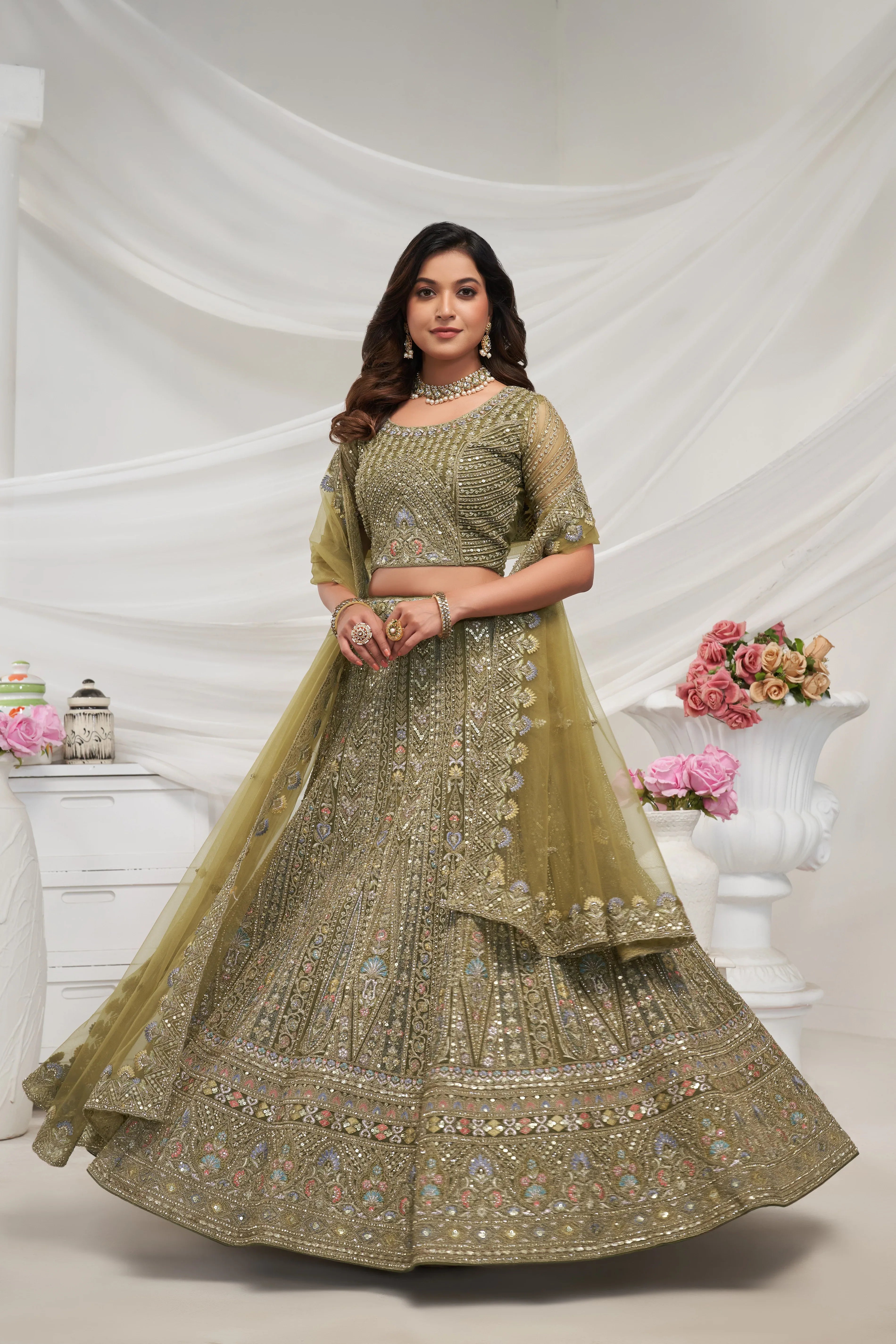 Green Paisley Patterned Lehenga Ensemble
