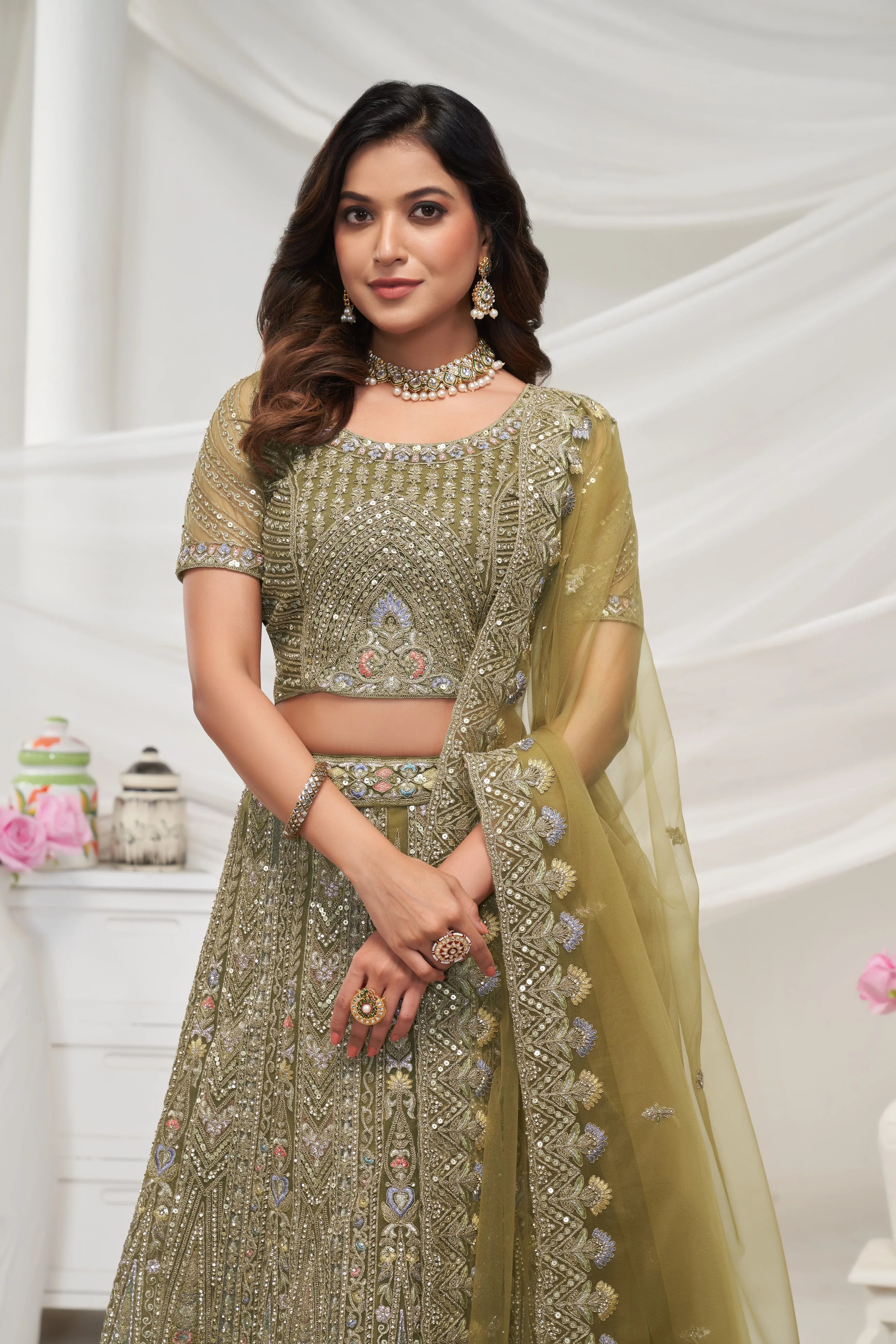 Green Paisley Patterned Lehenga Ensemble