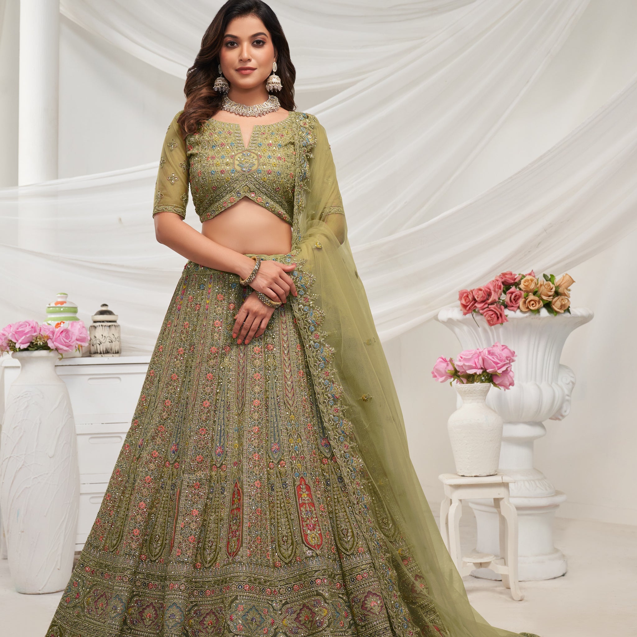 Elegant Green Paisley Floral bridal Lehenga Ensemble