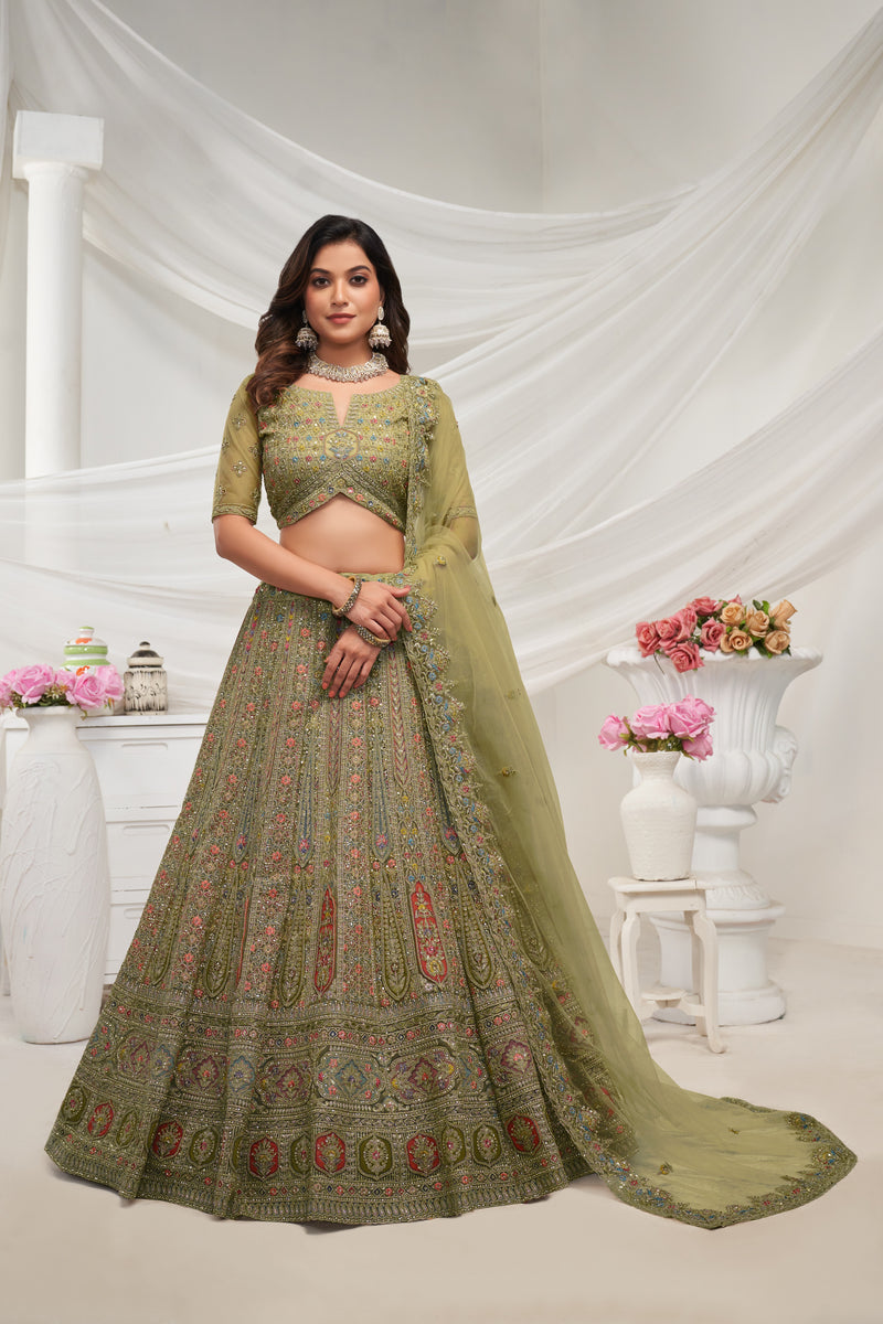 Elegant Green Paisley Floral bridal Lehenga Ensemble