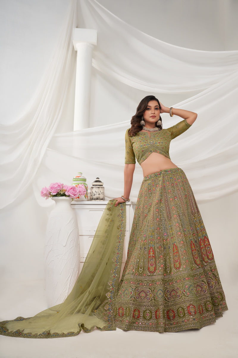 Front view of paisley floral bridal lehenga 