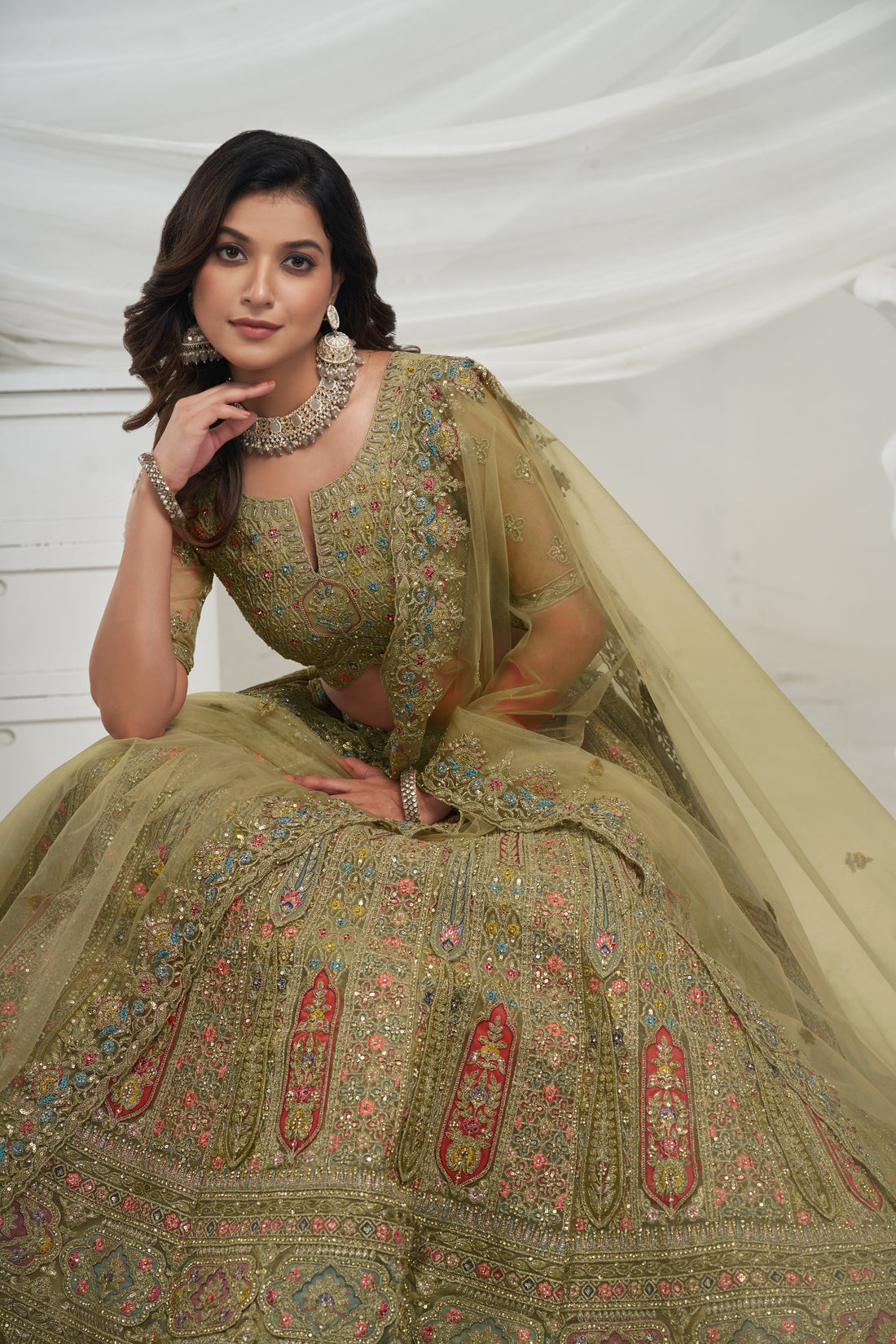 Elegant Green Paisley Floral bridal Lehenga Ensemble