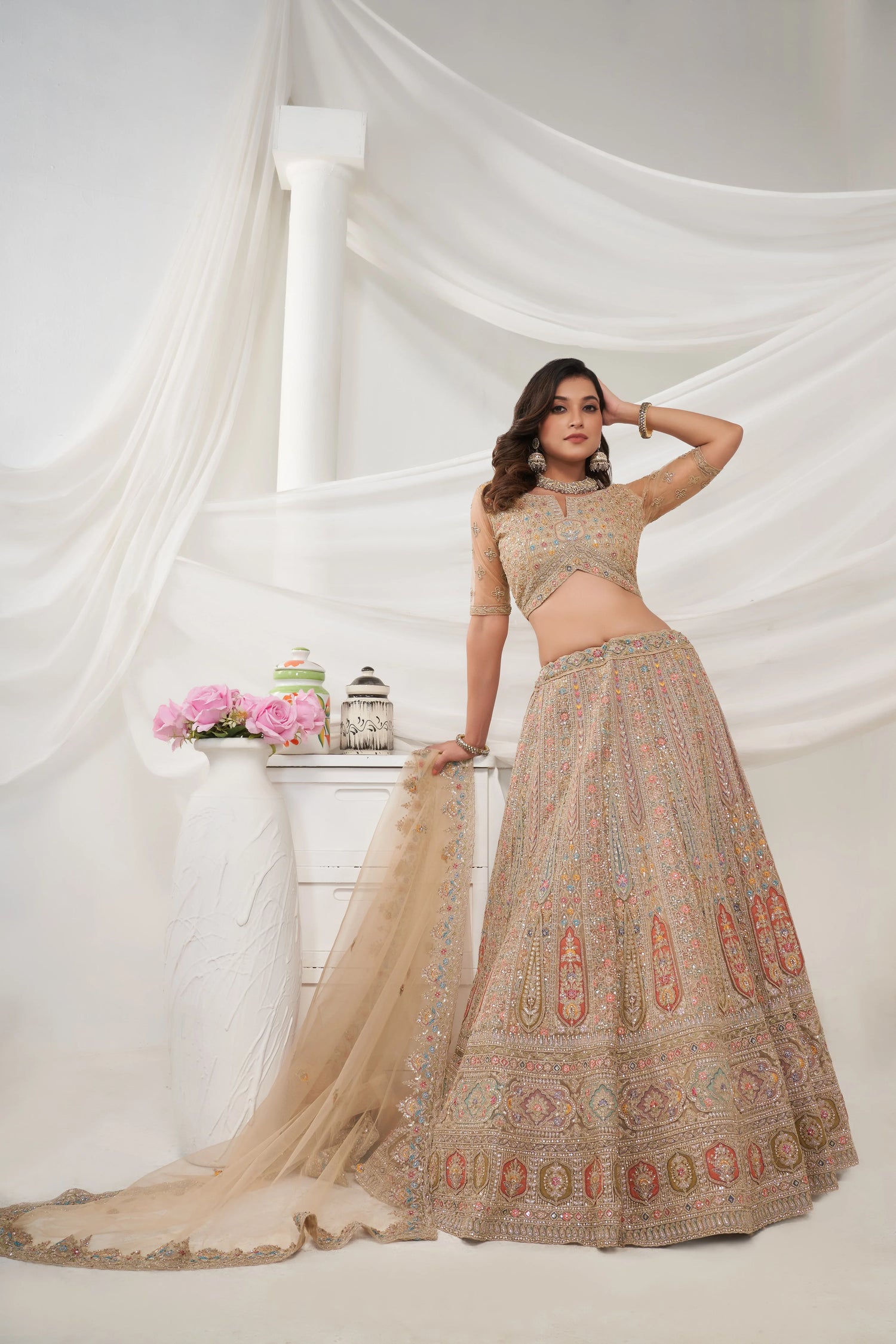 Elegant Golden Paisley Floral Lehenga Ensemble