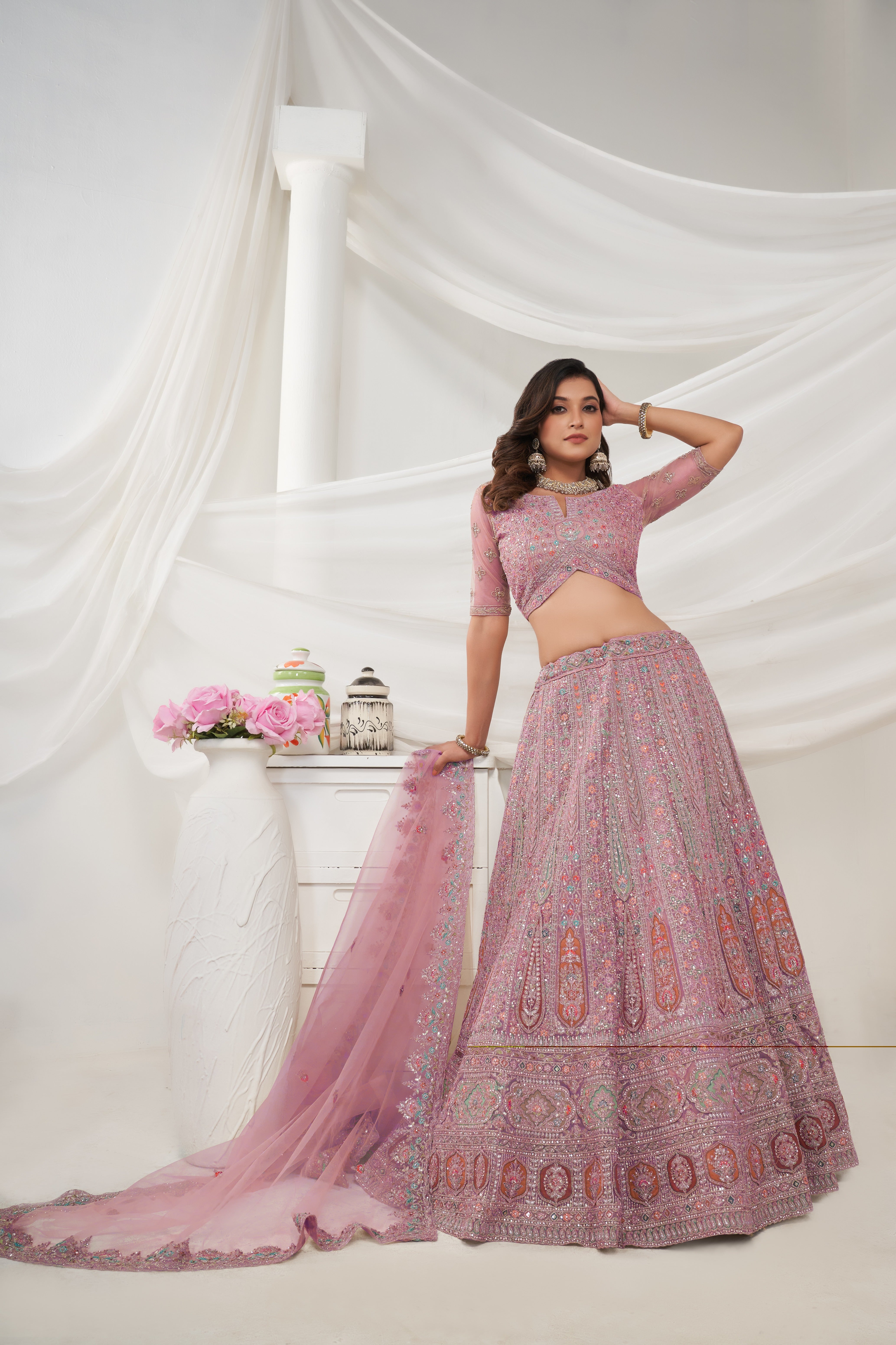 Front view of paisley floral bridal lehenga for women