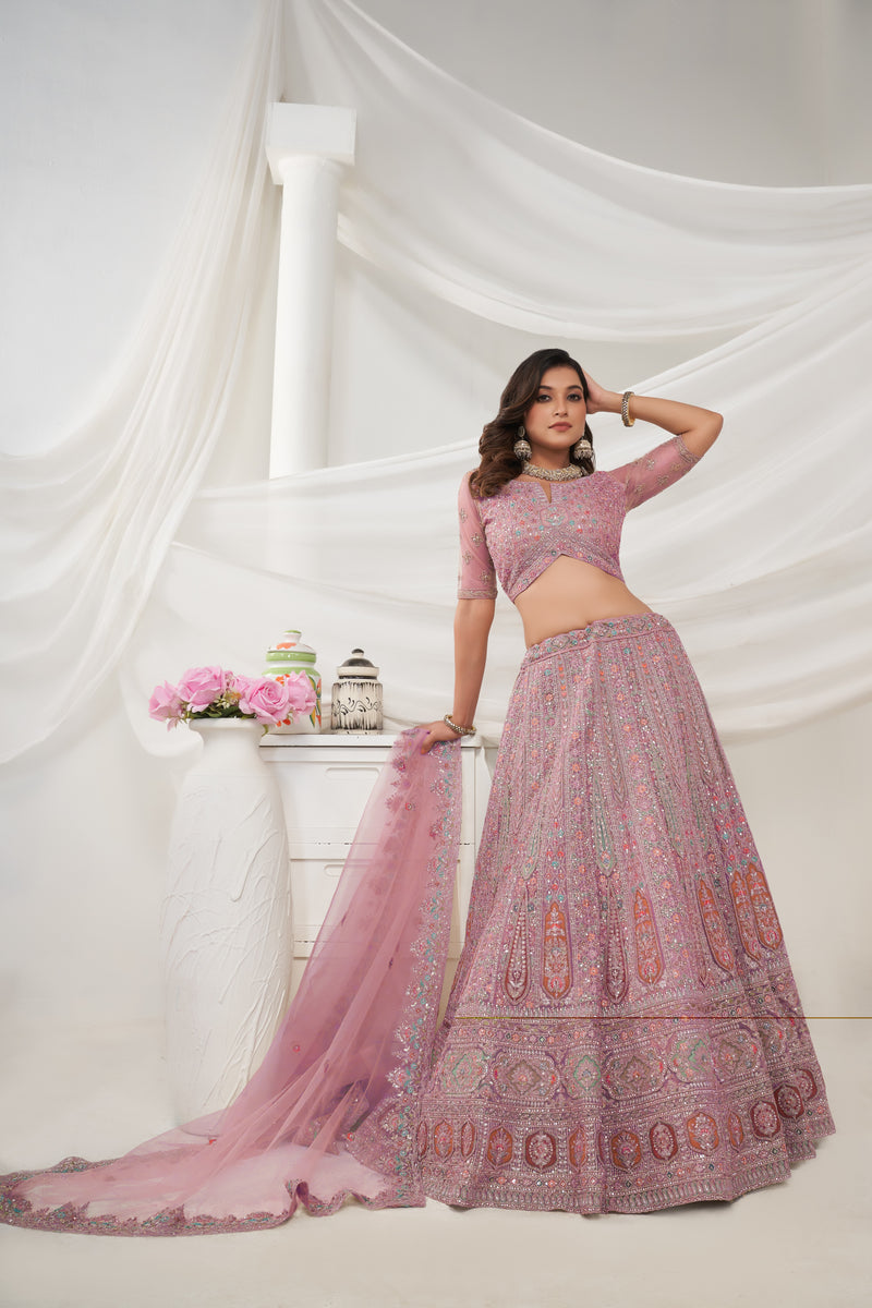 Front view of paisley floral bridal lehenga for women