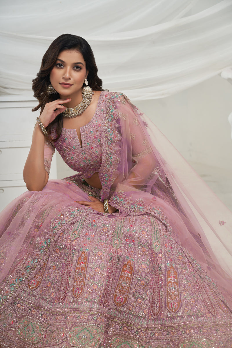 Mauve bridal lehenga in floral pattern