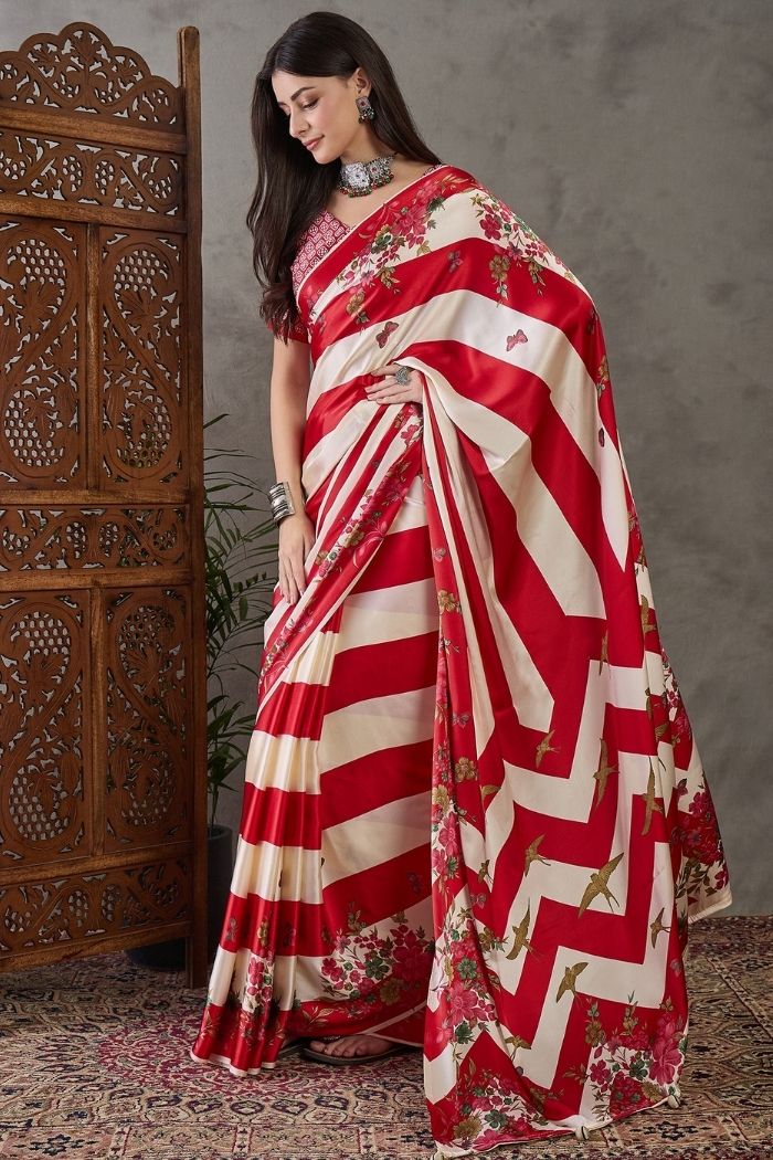 Red &amp; Ivory Semi Modal Floral Printed Party Wear Saree with Blouse 