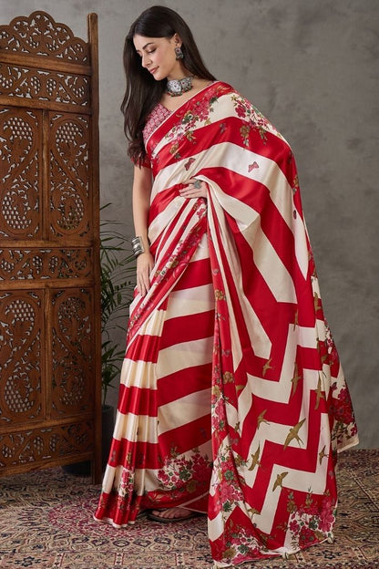 Red &amp; Ivory Semi Modal Floral Printed Party Wear Saree with Blouse 