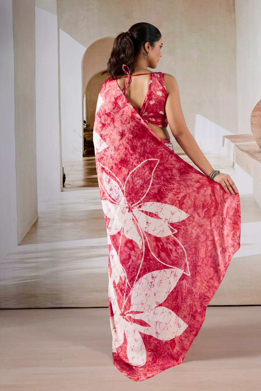 Red Modal Satin Hand Prism Print Saree 