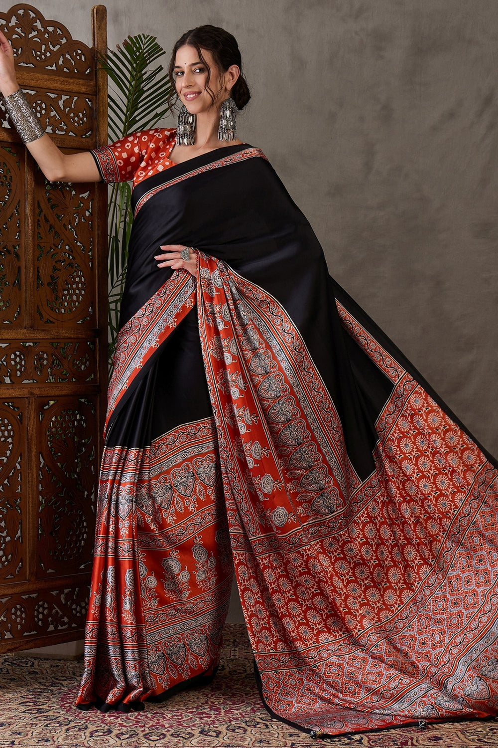 Licorice Black Pure Soft Modal Satin Ajrakh Print Satin Saree Japan Satin Saree Anant Tex Exports Pvt.Ltd..